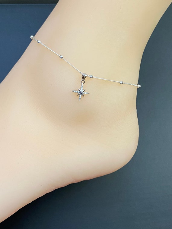 Sterling Silver Beaded Anklet, North Star CZ Charm, Dainty Ankle Bracelet