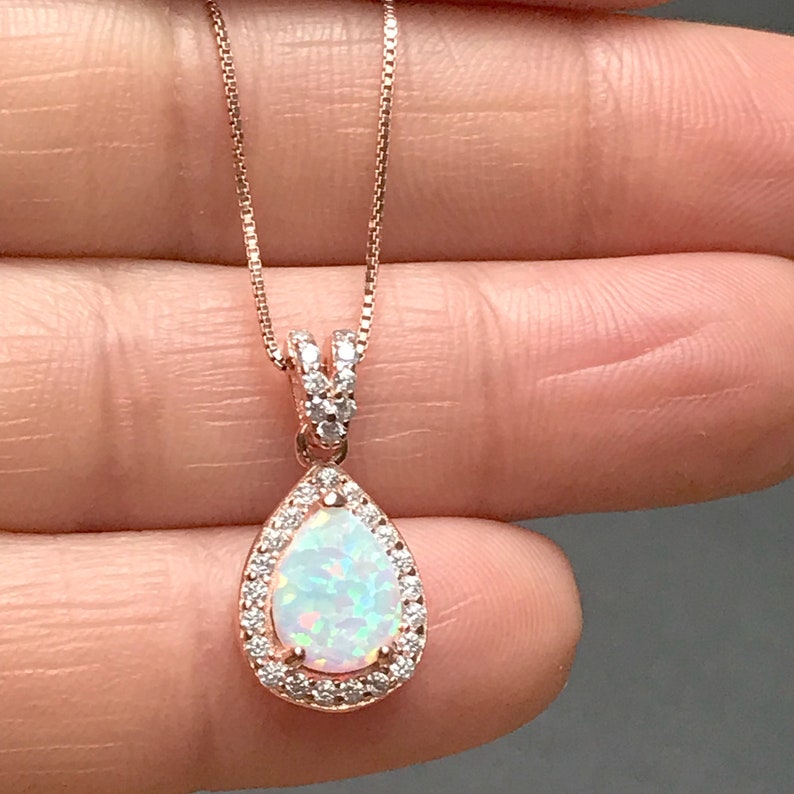 White Fire Opal Necklace, Rose Gold Bridal Necklace, Wedding Necklace, October Birthstone Jewelry, White Opal Teardrop Pendant image 10