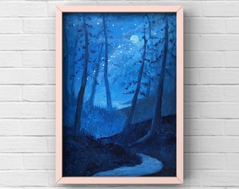 Whimsical blue forest painting print - high quality giclee print of original acrylic painting by Emily Stickney