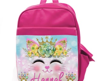 Personalised Girls Backpack KITTEN CAT UNICORN Shiny Silver School Bag KS110