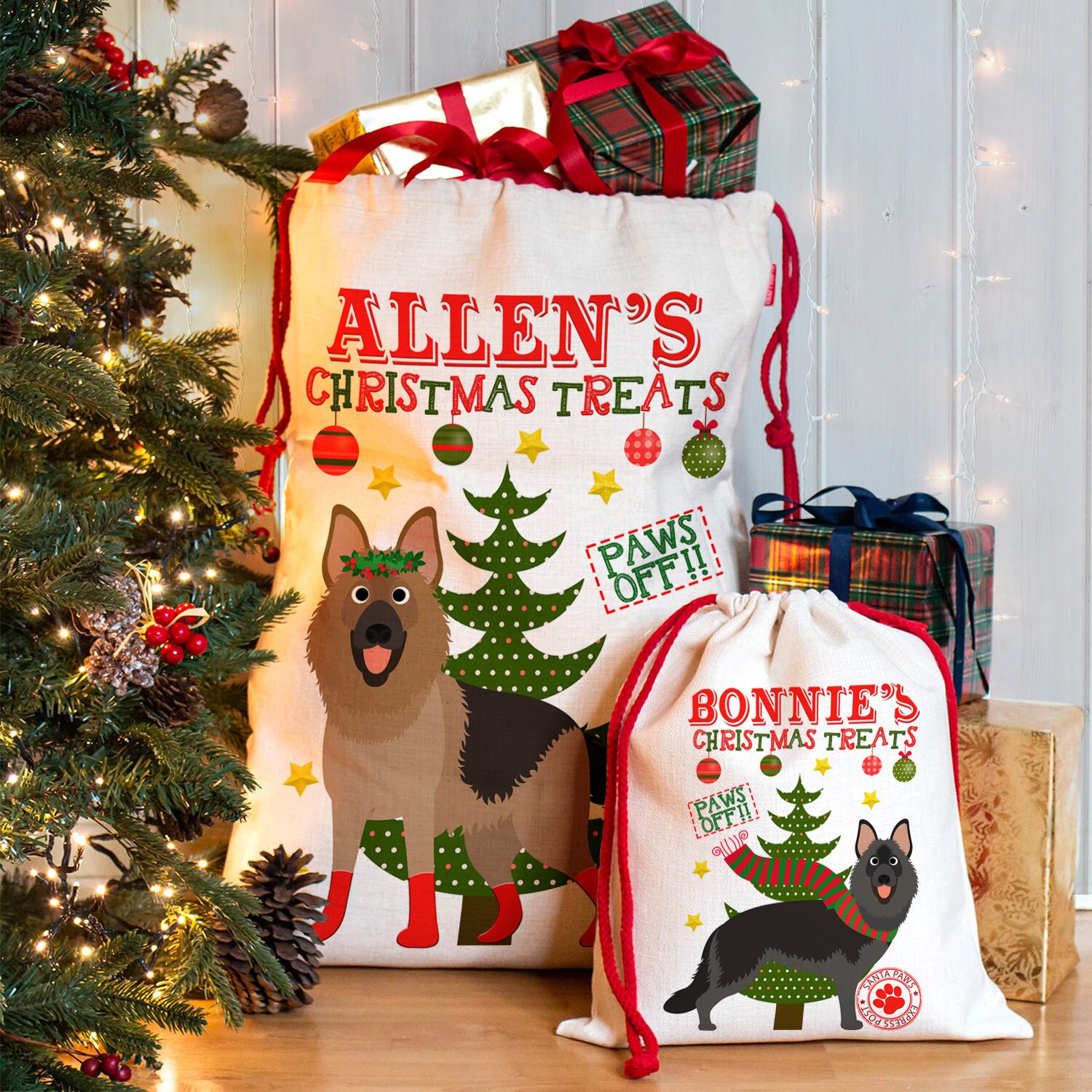 Personalised Merry Christmas Santa Paws Themed Linen Santa Sack with Drawstrings Present-Toy Bag stoking Filler Gift Bag.