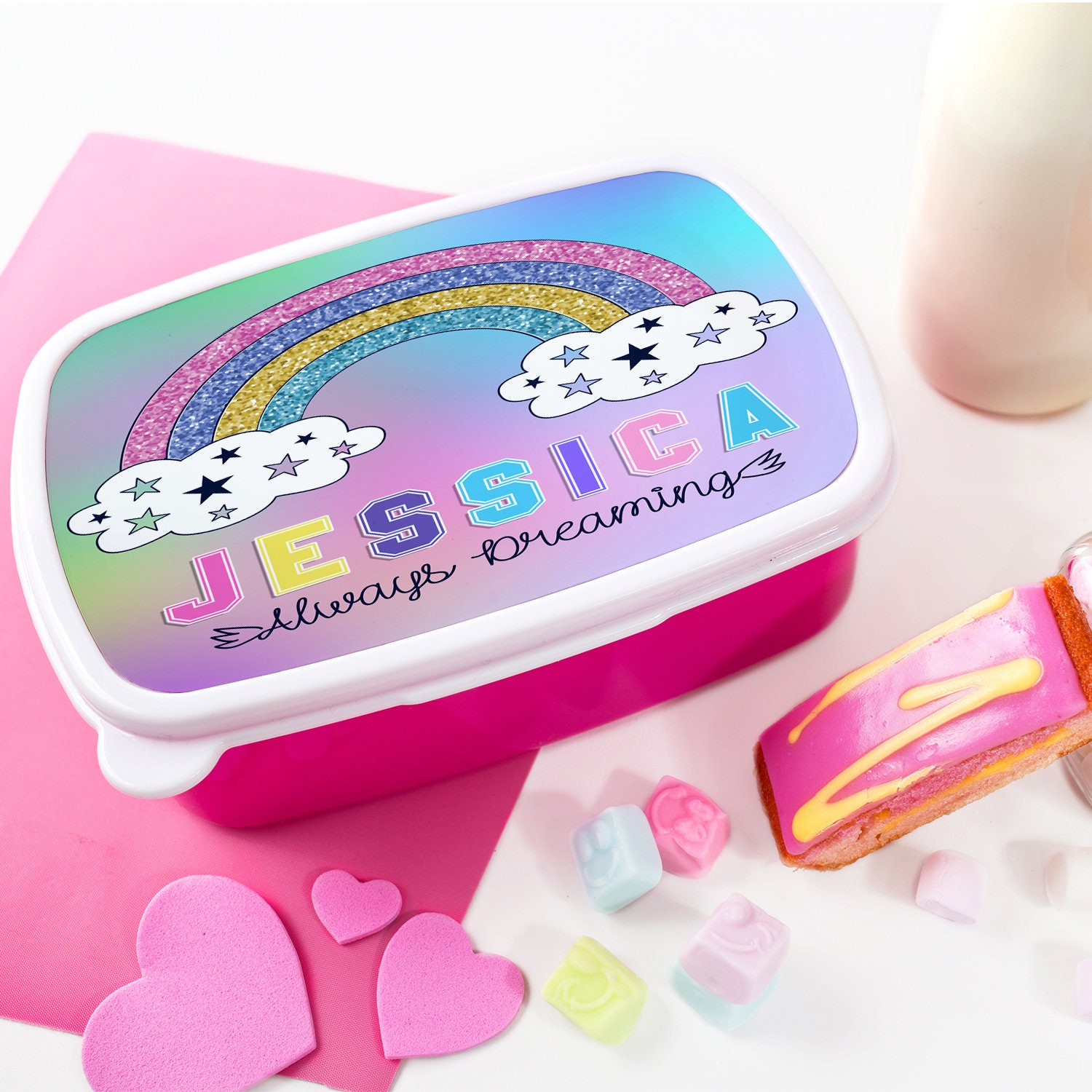 Personalised Girls GLITTER RAINBOW Lunch Box School CUTE Snack