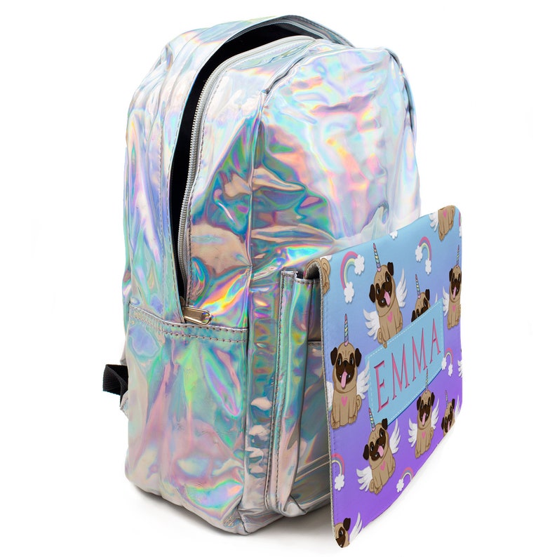 Personalised School Bag CUTE UNICORN PUG Girls Shiny Silver Holographic Backpack Gift KS144