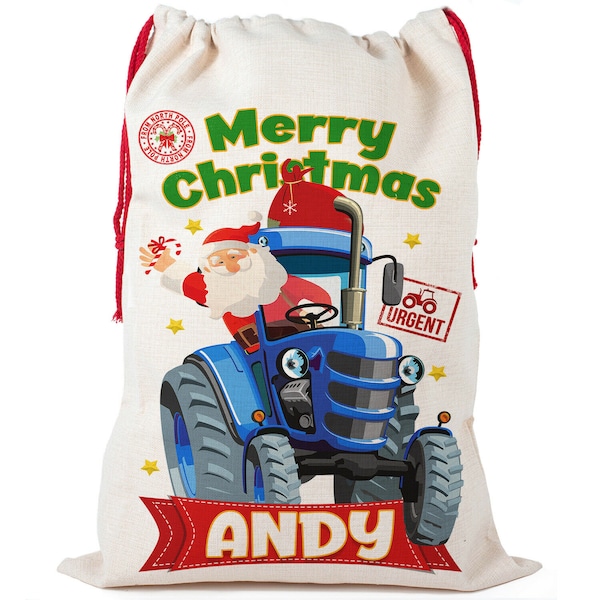 Tractor Christmas Sack Santa Present Stocking Personalised Gift Bag Farmer NS029