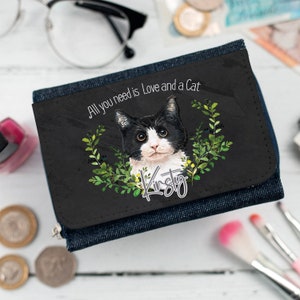 Personalised Cat Purse Coin Wallet Black & White Kitten Shopping Purse Money Holder Pretty Pet Owner Gift NDD60