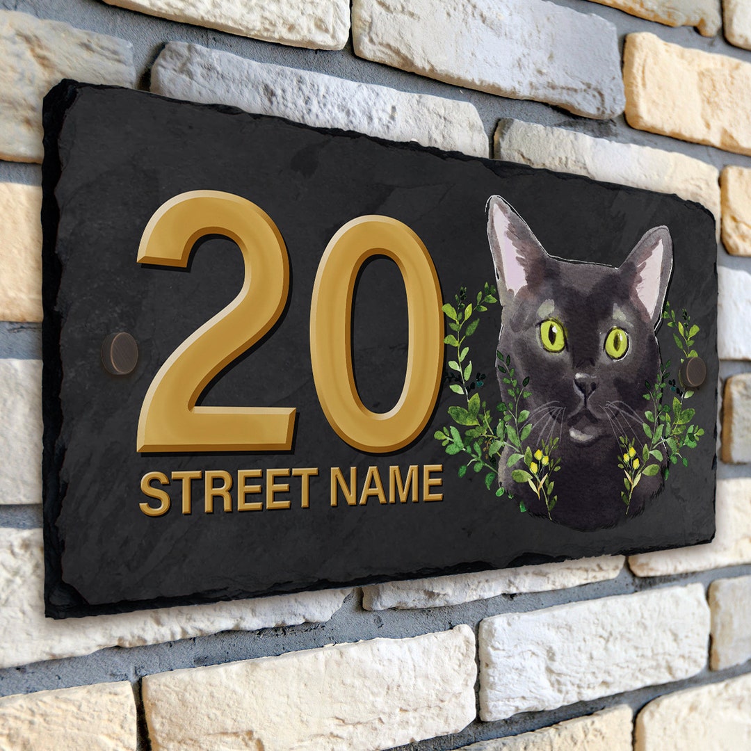 Black Cat House Number Slate Name Custom Kitty Gate Sign Door Street