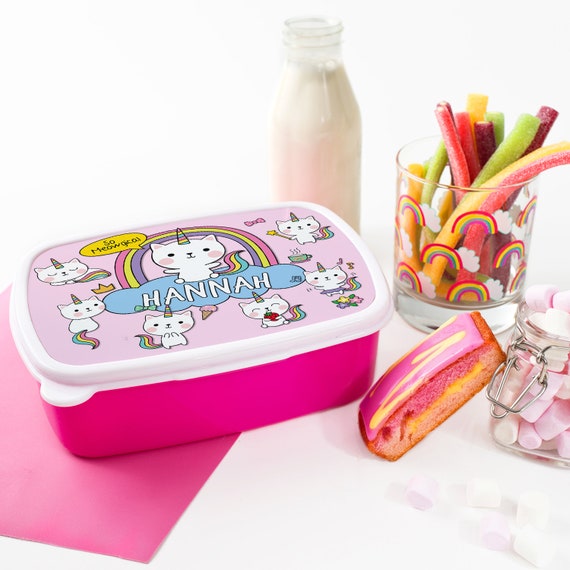 Personalised Girls KITTEN UNICORN Lunch Box CAT School Snack Sandwich Pink  Lunchbox KS149 