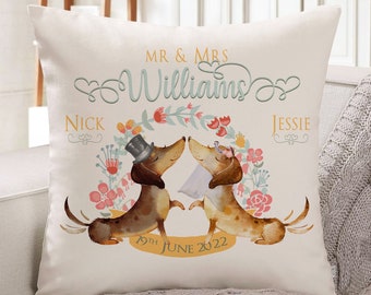 Personalised Wedding Cushion Cover Dachshund MR & Mrs Anniversary Pillow Gift KC203