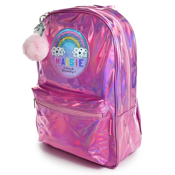 UNICORN Bag Girls School Backpack Shiny Holographic Pink Bag Personalised PH14