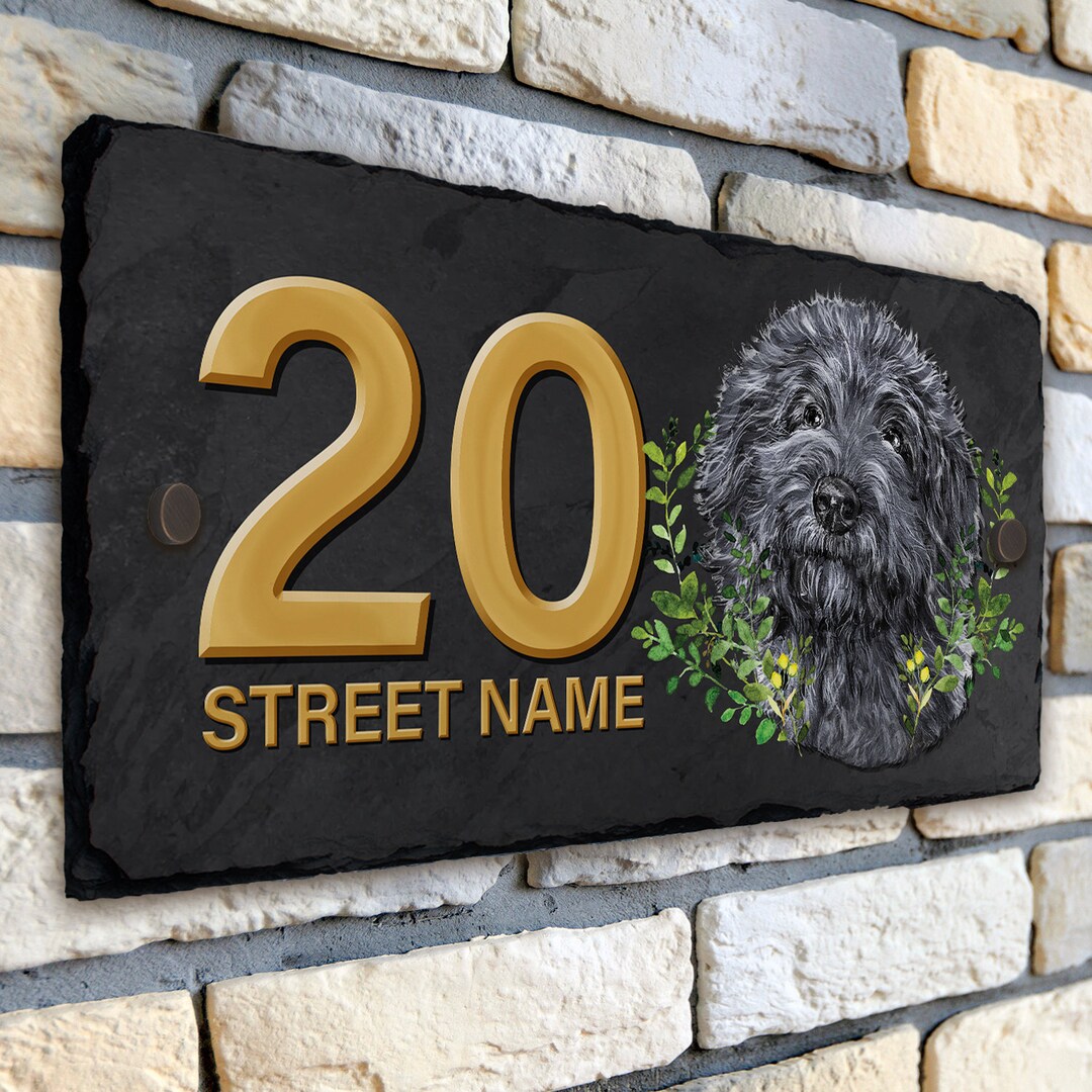 Black Cockapoo House Number Slate Name Custom Dog Gate Sign Door Plaque ...