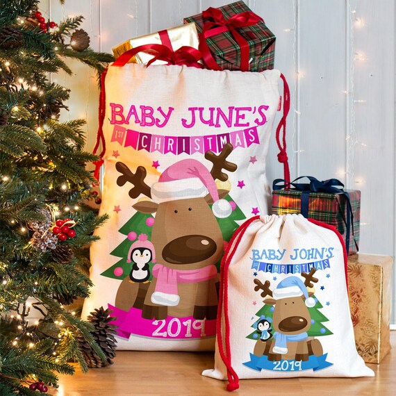 Twisted Envy Personalised Baby's First Christmas Pink Santa Sack Gift Bag 