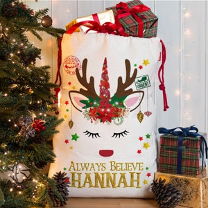 Personalised Unicorn Santa Sack Christmas Gift Bag Xmas Eve Girls Present NS031