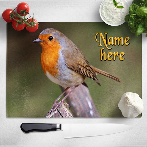 Personalised Robin Bird Wildlife Glass Chopping Board - Family Worktop Saver - Baking Cheese Cutting Board - New Home Gift SH212