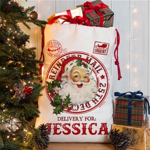 Personalised Vintage Christmas Santa Sack Xmas Gift Bag Post Mail Present NS034