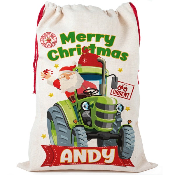 Tractor Christmas Sack Santa Present Stocking Personalised Gift Bag Farmer NS030