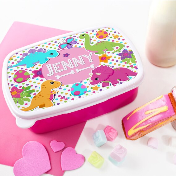 Personalised Girls CUTE DINOSAUR Lunch Box School Snack Sandwich Pink  Lunchbox KS116 