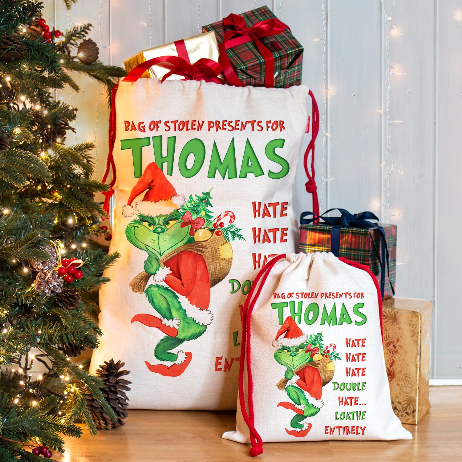 Personalised Grinch Christmas Santa Sack Hate Xmas Gift Bag Post Mail Present NS069 Etsy