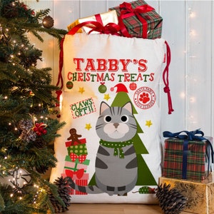 Personalised Grey Tabby Cat Christmas Sack Kitten Stocking Santa Treat Pet Xmas Bag CCS04 image 1