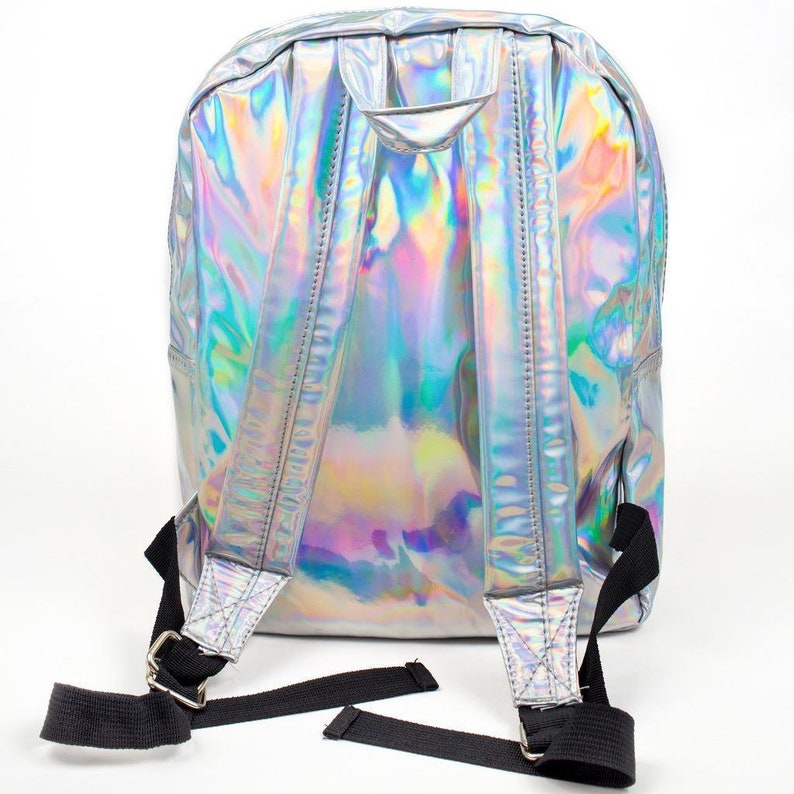Personalised School Bag CUTE UNICORN PUG Girls Shiny Silver Holographic Backpack Gift KS144