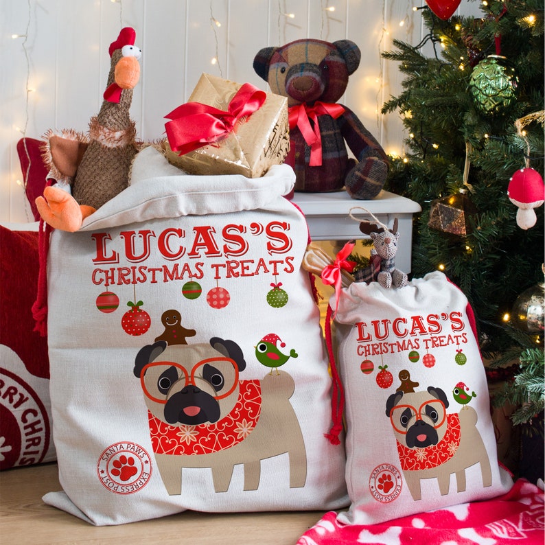 Personalised Dog Santa Sack PUG Christmas Bag Xmas Treat Gift CDS91