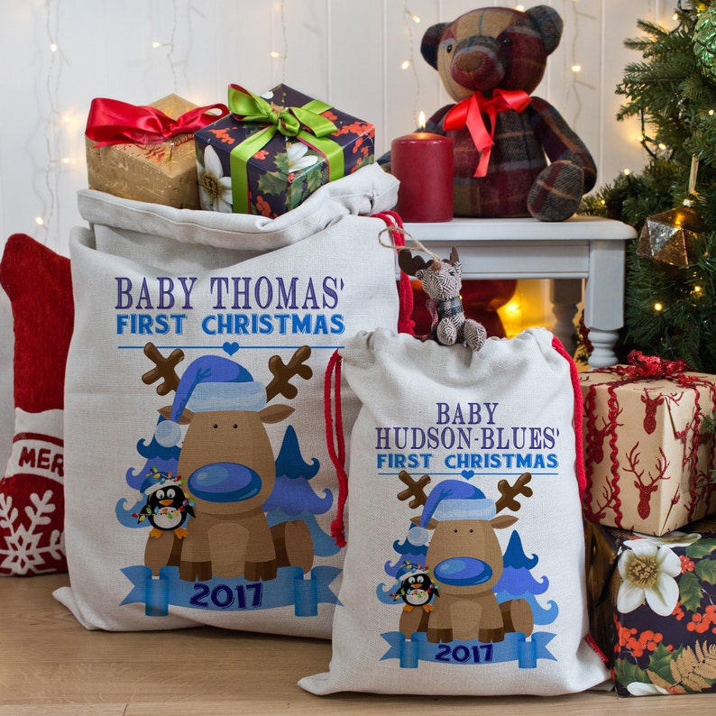 Personalised christmas sack,natural canvas cotton LARGE BAG RUDOLF GLITTER