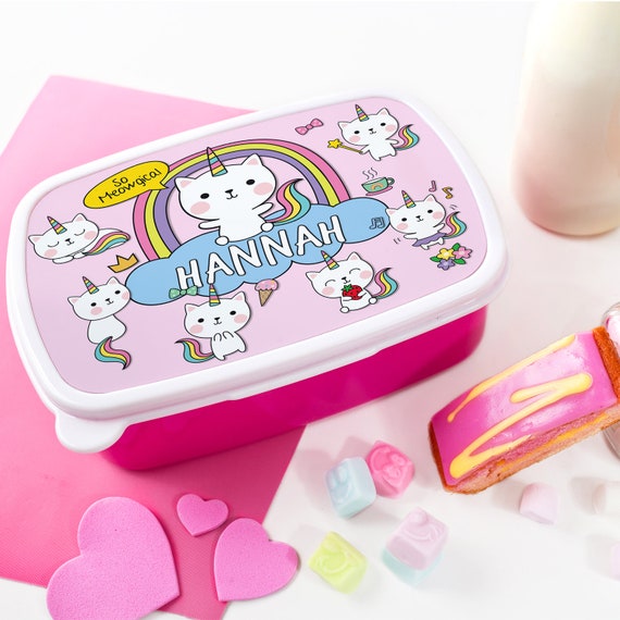 Personalised Girls KITTEN UNICORN Lunch Box CAT School Snack Sandwich Pink  Lunchbox KS149 