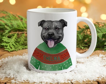 Personalised Black Staffy Mug Christmas Dog Jumper Xmas Cup Festive Pet Stafforshire Bull Terrier Puppy Decor Gift DJM45