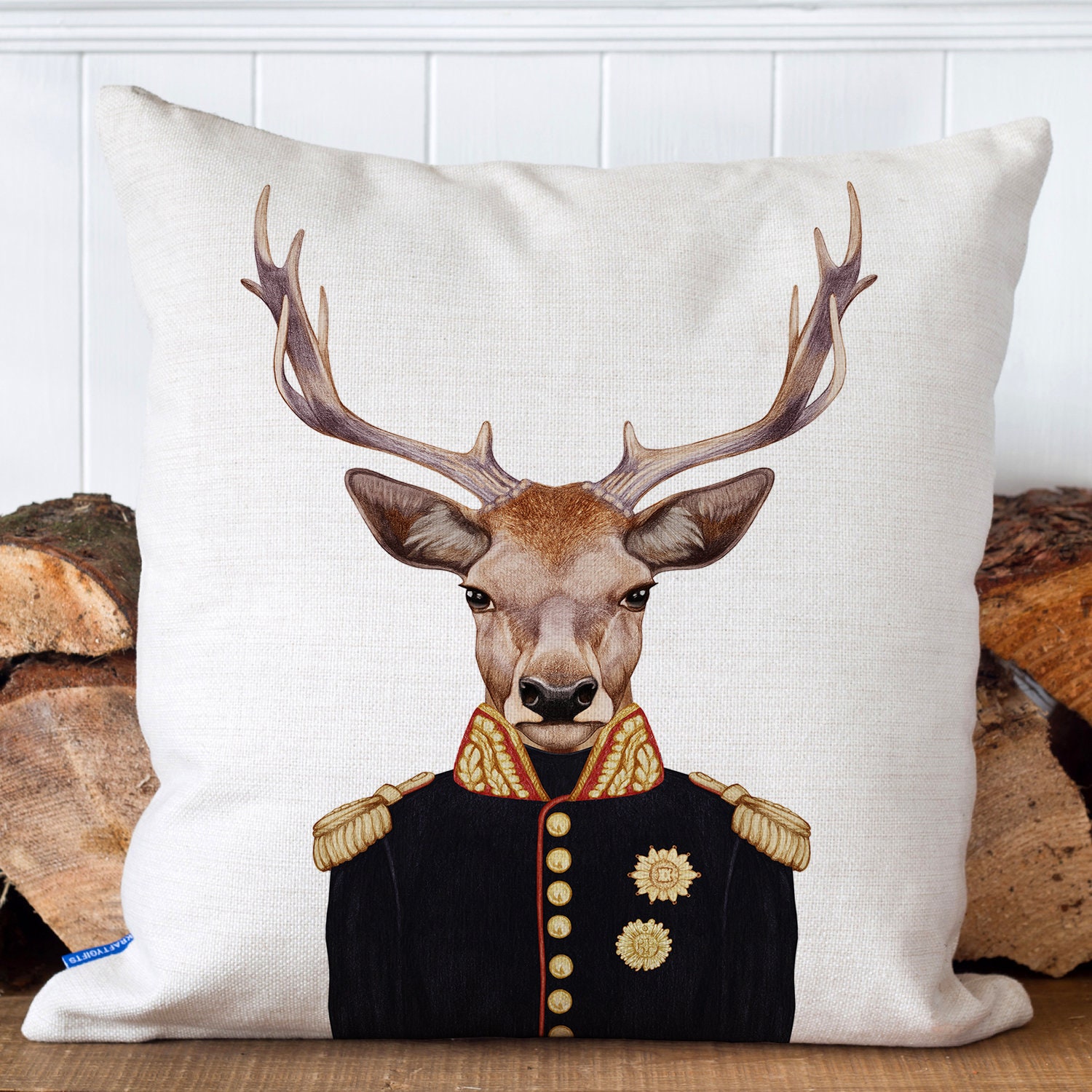 Highland Stag Cushion Cover Country Deer Scene Natural Linen Look Fabric 16" 