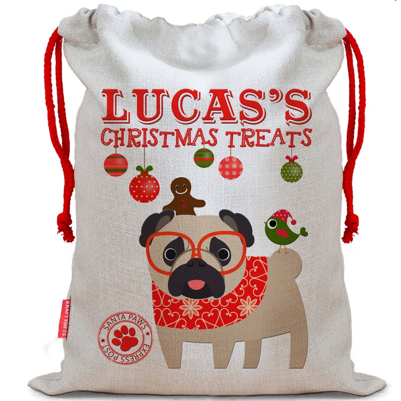 Personalised Dog Santa Sack PUG Christmas Bag Xmas Treat Gift CDS91
