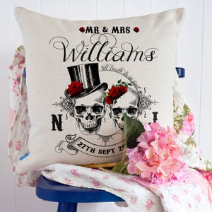 Personalised Wedding Skull Cushion Cover Gift - Mr & Mrs Gothic Bride Groom Pillow - Anniversary Vintage Style Gift  KC68