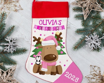 Personalised Reindeer Stocking Girls First Christmas Baby 1st Xmas Hanging Present Sack Bag Gift SS18