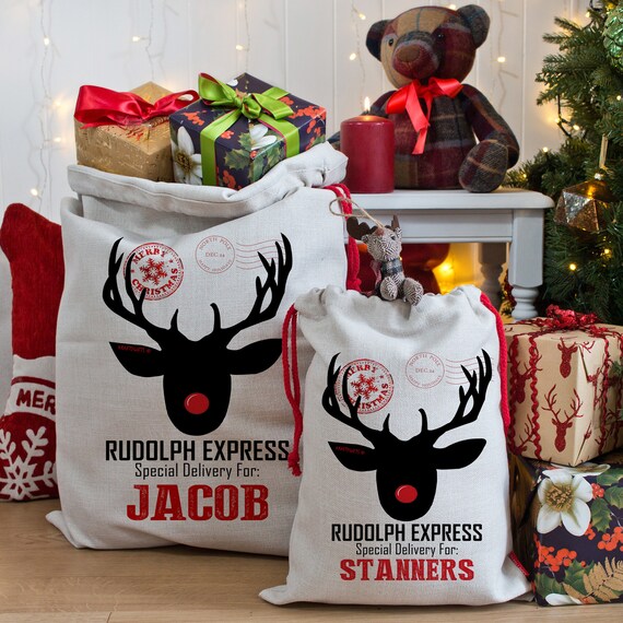 Personalised Merry Christmas Rudolph Christmas Sack Present Bag Santa Mail Post