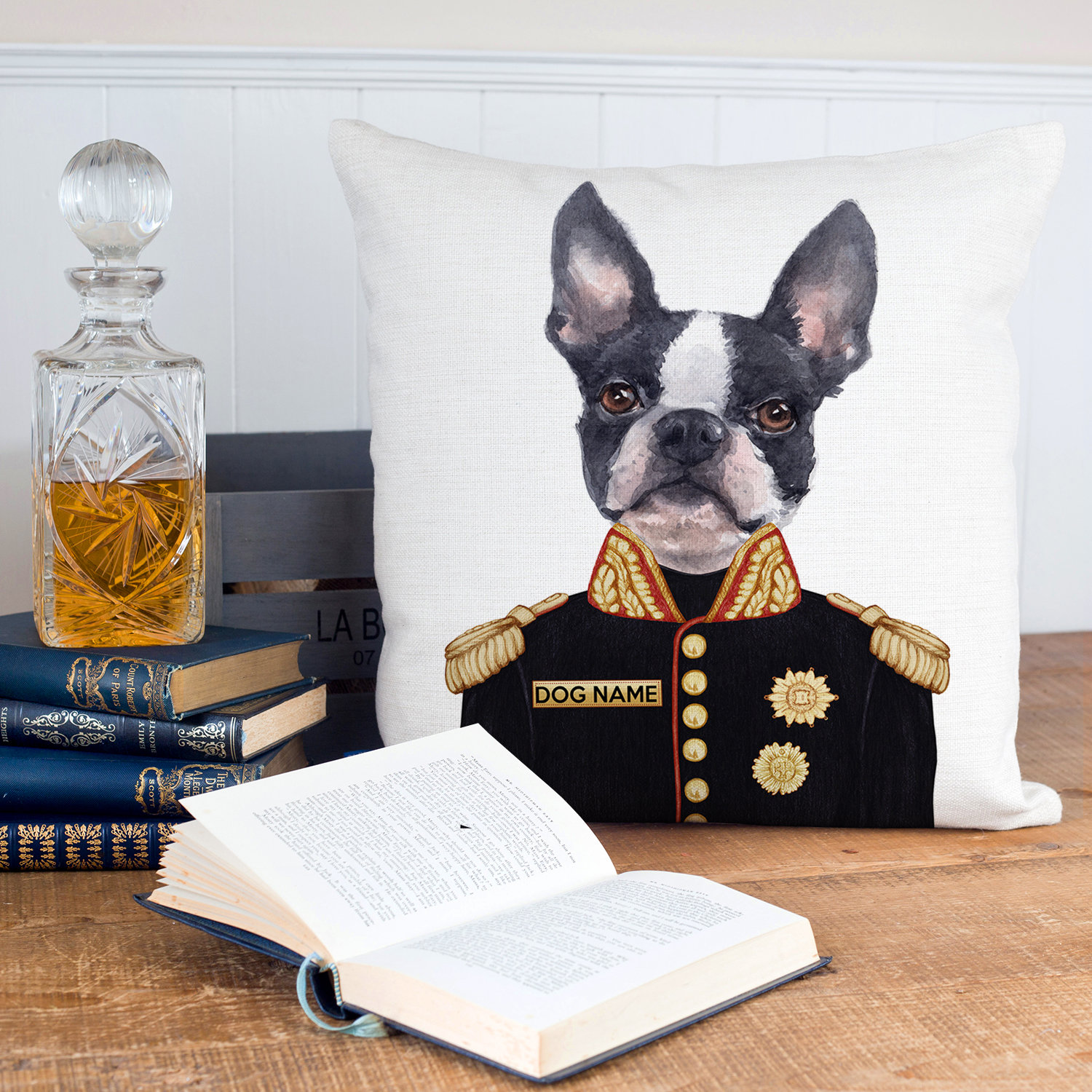 Personalised BOSTON TERRIER Cushion Cover Military Sofa
