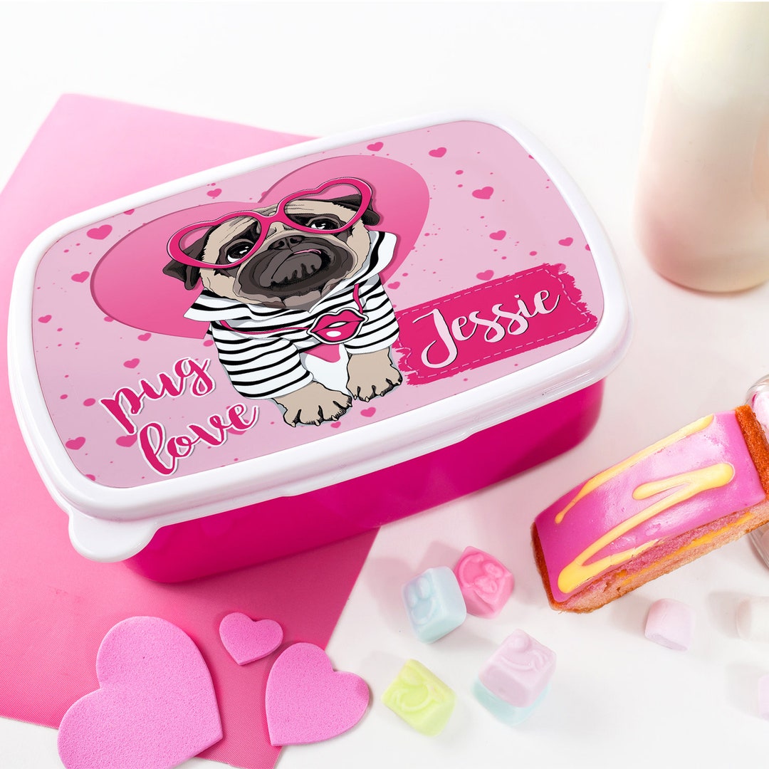 Personalised Girls CUTE PUG Lunch Box School Snack Sandwich Pink