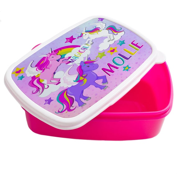 Personalised Girls UNICORN Lunch Box PRETTY School Snack Sandwich Pink  Lunchbox KS152 