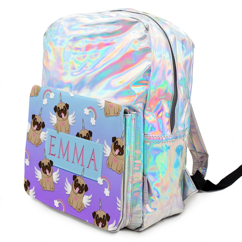 Personalised School Bag CUTE UNICORN PUG Girls Shiny Silver Holographic Backpack Gift KS144