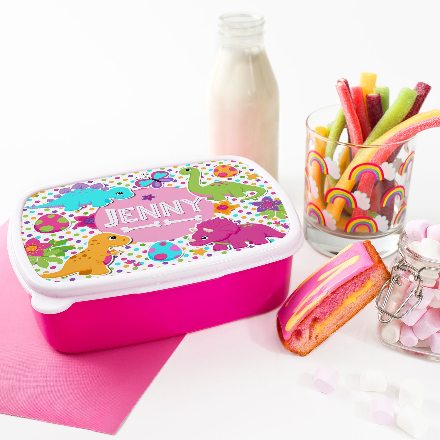 Personalised Girls CUTE DINOSAUR Lunch box School Snack | Etsy