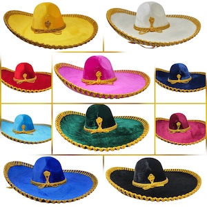May include: A collection of ten velvet sombreros in various colours including yellow, white, red, pink, navy, light blue, dark green, burgundy, royal blue, and black. Each hat features a wide brim and a gold braided trim along the edge and crown.