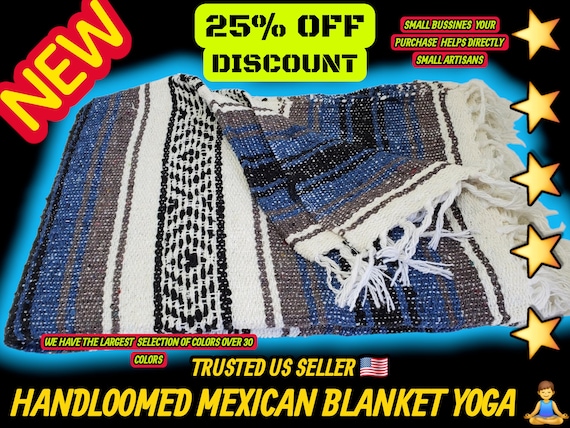 Blue & Black Mexican Falsa Blanket: Warm Beach Throw (76" x 53")