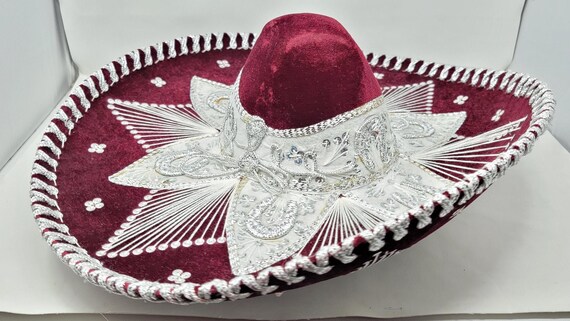 Hecho En Mexico Velvet Sombrero Hat  in Burgundy with Silver Trim Pigalle Red & Silver Adult Mexican Sombrero Hat Velour  main image 3