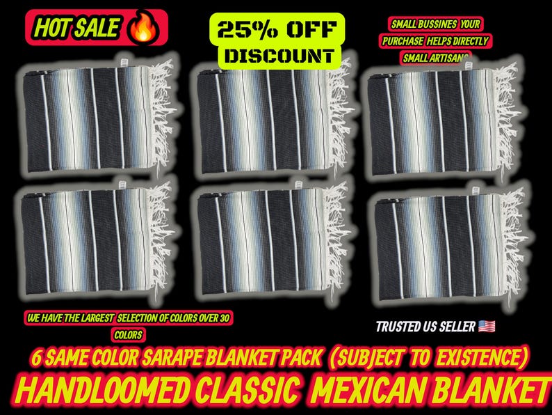 Couverture mexicaine à rayures grises et noires : falsa sarape tissé à la main (80 x 48) 6 gray blankets