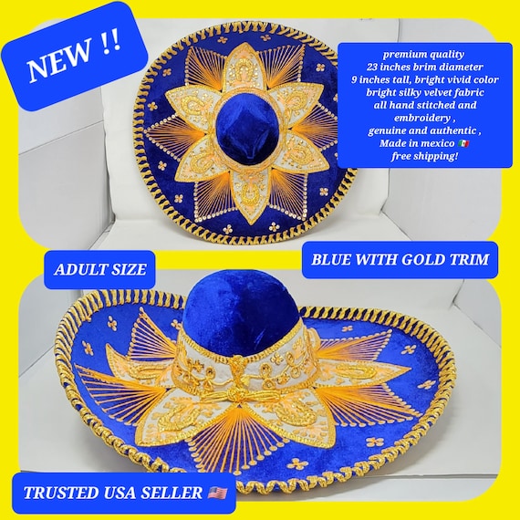 ROYAL BLUE   with GOLD   colors  adults sombrero charro mariachi hat for fiestas or 5 de mayo extra fancy