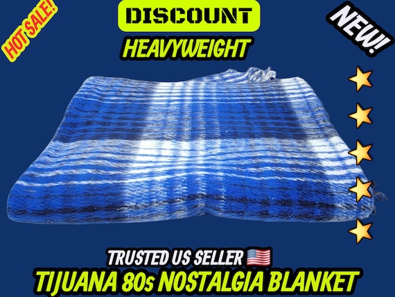 Blue Mexican Blanket: Heavy Reversible Recycled Fibers, 80x62