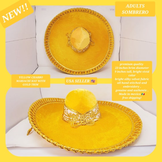 YELLOW with gold trim adults sombrero charro mariachi hat for fiestas or 5 de mayo