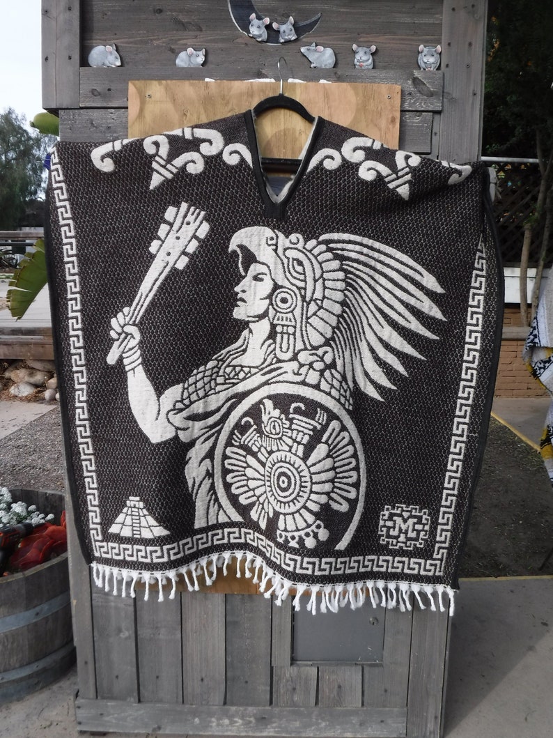DARK BROWN aztec warrior aztec calendar reversible heavy thick poncho super warm and soft