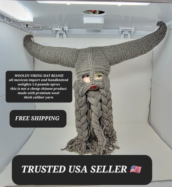 woolen winter  GRAY  viking horn hat with beard 100% wool handknitted made in mexico