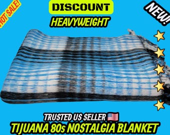 Blue Turquoise Mexican Blanket: Heavy Reversible Recycled Fiber Manta