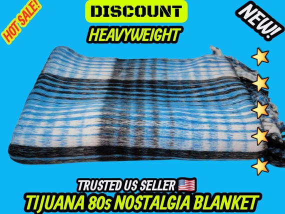Blue Turquoise Mexican Blanket: Heavy Reversible Recycled Fiber Manta