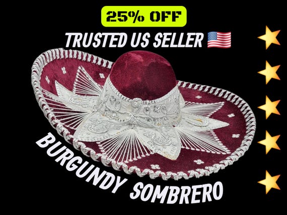 Burgundy Charro Sombrero: Adult Mexican Fiesta Hat with Silver Trim