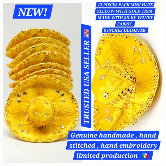 12 pack 6 inches yellow with gold  mini sombrero charro mexican hats